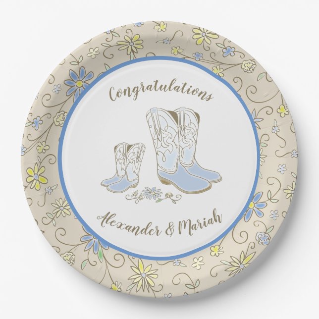 Cowboy Baby Shower Country Western Blue Boy Paper Plate (Front)