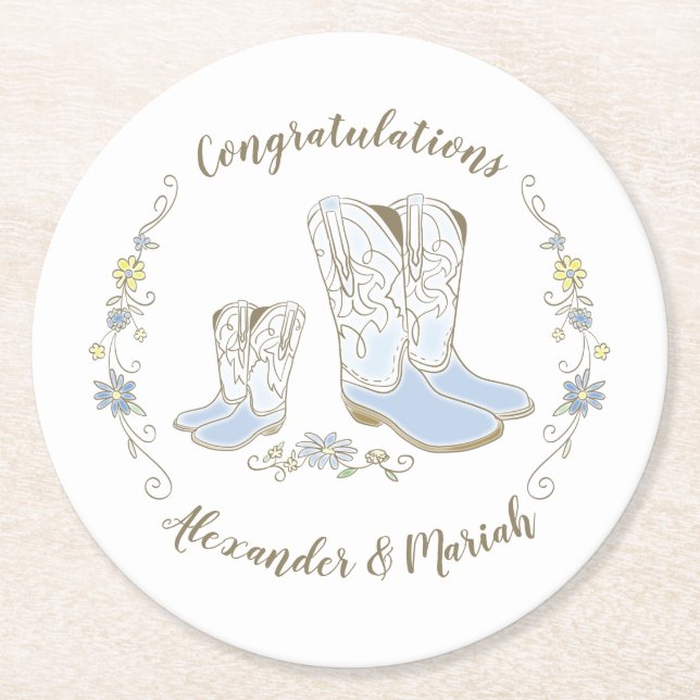 Cowboy Baby Shower Country Western Blue Boy Round Paper Coaster (Front)