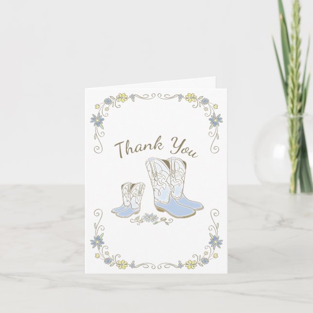 Cowboy Baby Shower Country Western Blue Boy Thank You Card (Front)