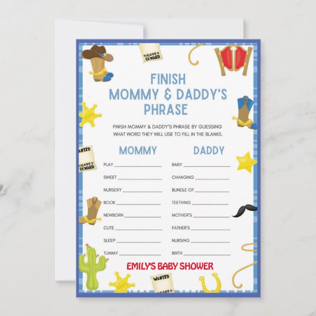 Cowboy Baby Shower Game - Editable Name, 5x7 size  Invitation (Front)