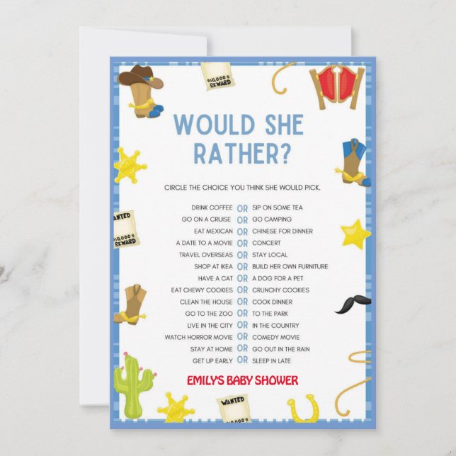 Cowboy Baby Shower Game - size 5x7  Invitation (Front)