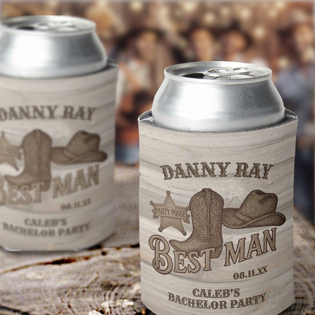 Cowboy Best Man Rustic Woodcut Bachelor Party Can Cooler (Creator Uploaded)