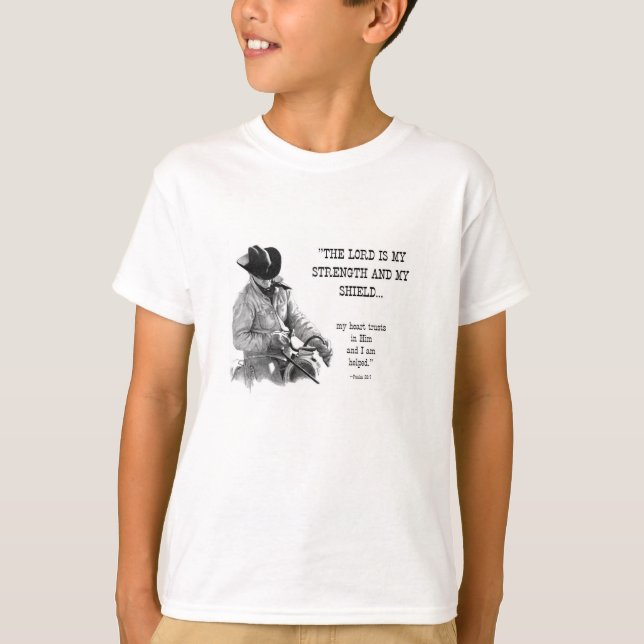 COWBOY: BIBLE: STRENTGH, SHIELD: PENCIL REALISM T-Shirt (Front)