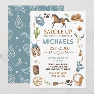 Cowboy Birthday Blue 1st Rodeo Party Invitation