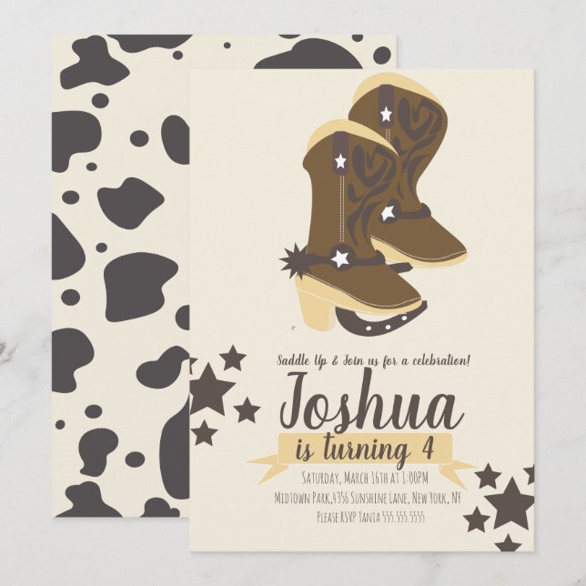 Cowboy  Birthday Cow Print  Brown Beige Invitation (Front/Back)
