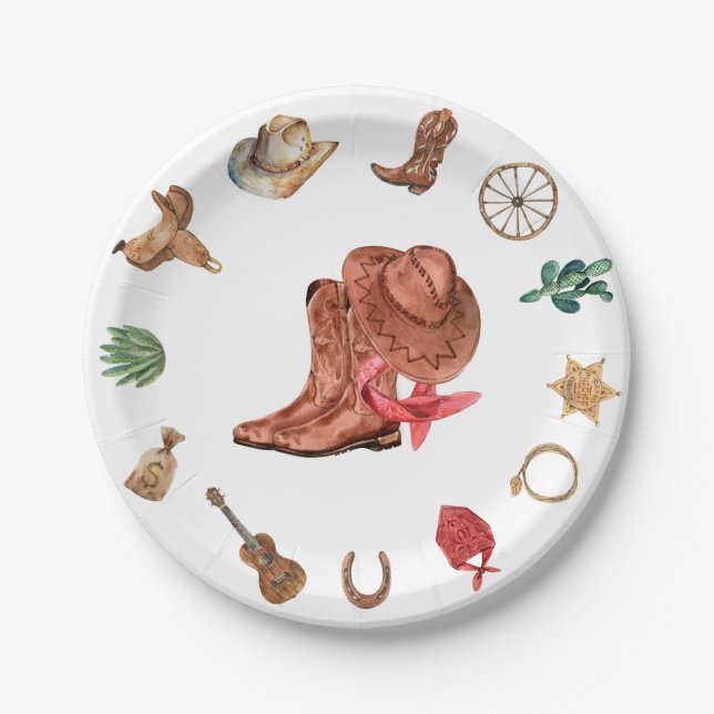 Cowboy Birthday First Rodeo Western Paper Plate (Front)