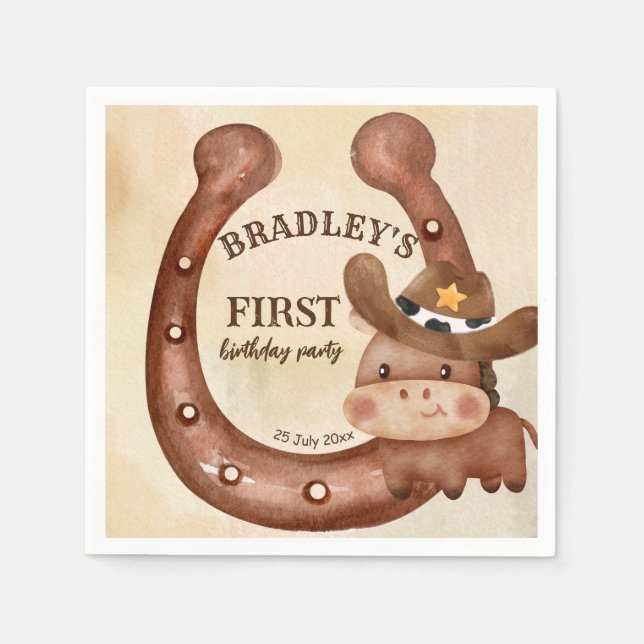 Cowboy birthday party baby horse in a hat custom napkin (Front)