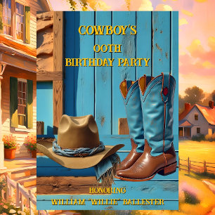 Cowboy Birthday Party Barn Boots Hat blue brown Invitation