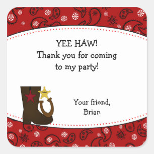 Cowboy Birthday Party Favour Sticker Red Paisley