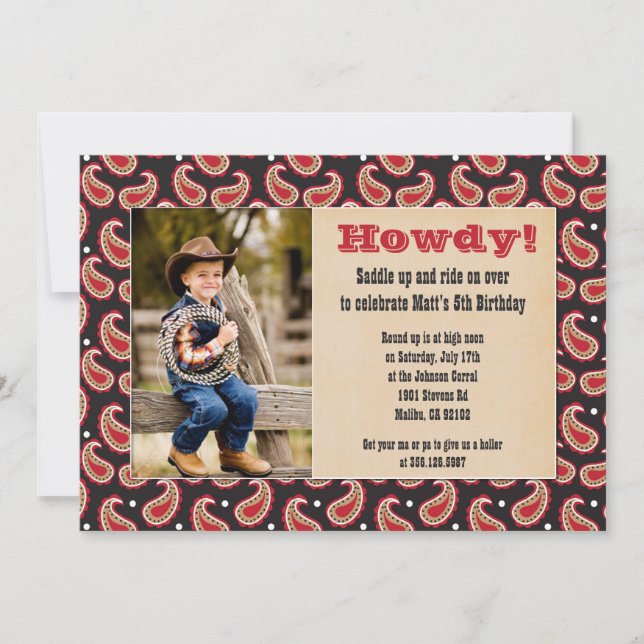 Cowboy Birthday Party Invitation with Photo (Front)