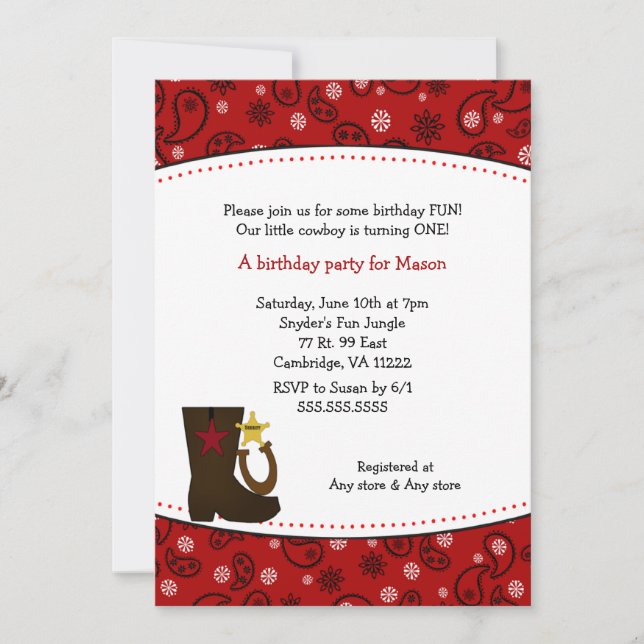 Cowboy Birthday Party Red Paisley boot horseshoe Invitation (Front)
