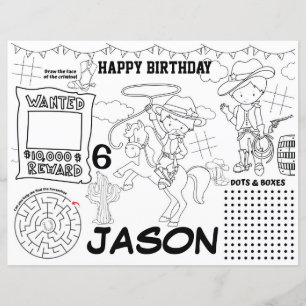 Cowboy birthday placemats, Cowboy activity sheet