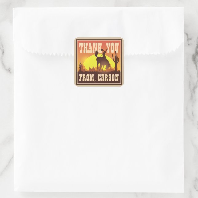 Cowboy Birthday Rodeo, Wild West Thank You Favour Square Sticker (Bag)