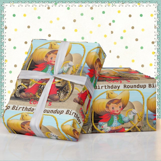 Cowboy Birthday Roundup Add Name Hat Chaps Rope Wrapping Paper (Creator Uploaded)