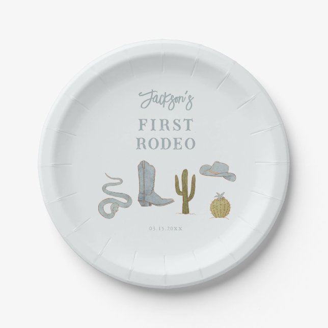 Cowboy Blue First Rodeo Birthday Paper Plate (Front)
