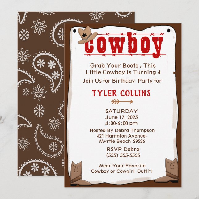 Cowboy Boot and Hat Birthday Invitation (Front/Back)