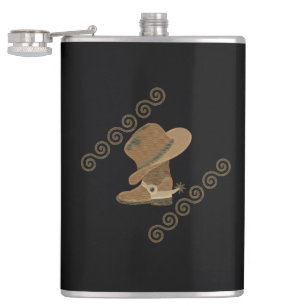 Cowboy Boot and Hat Off Wooden Inlay Hip Flask