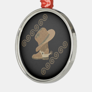Cowboy Boot and Hat Off Wooden Inlay Metal Tree Decoration