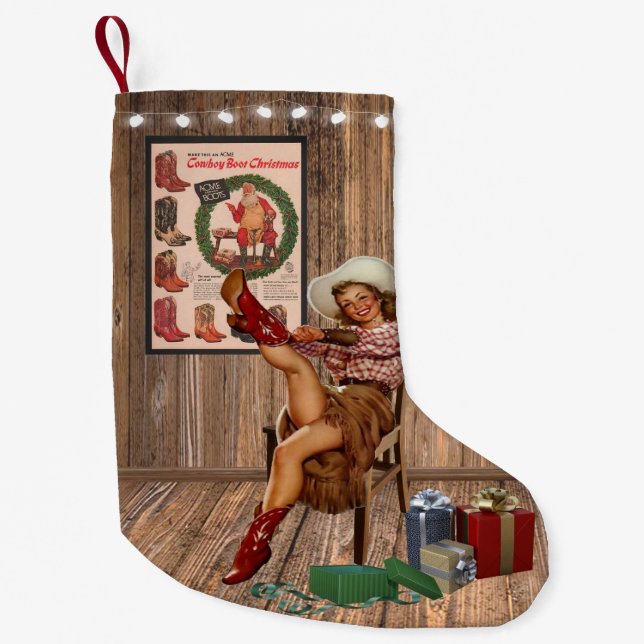 Cowboy Boot Christmas Cowgirl Putting On Red Boots Small Christmas Stocking (Front)