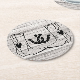 Cowboy Boot Horseshoe Wedding Country Western Wood Round Paper Coaster