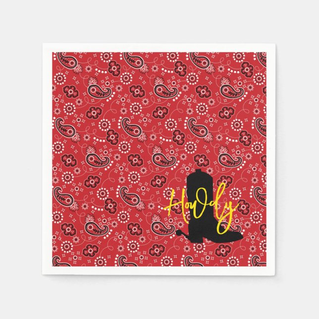 Cowboy Boot Spurs Silhouette HOWDY red bandanna Napkin (Front)