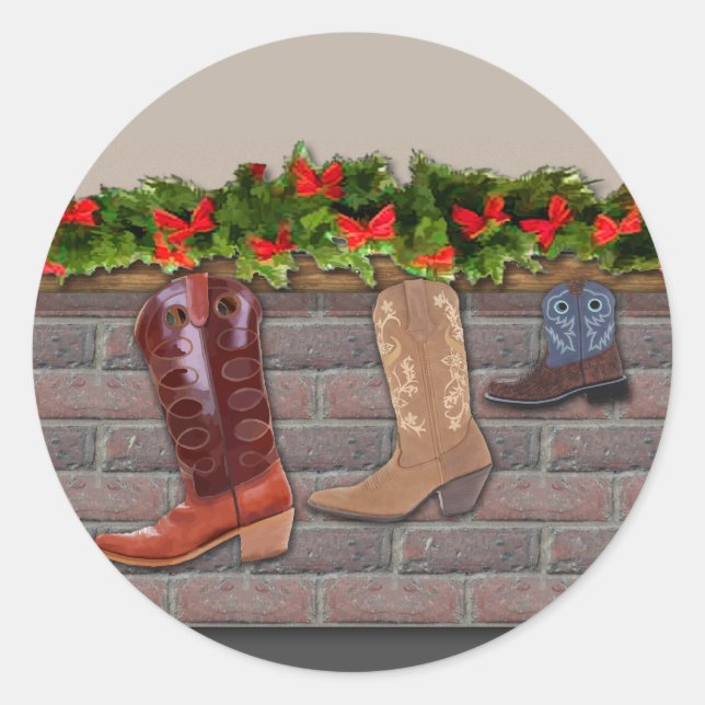 Cowboy Boot Stockings by the Fireplace Classic Round Sticker (Front)