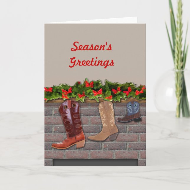 Cowboy Boot Stockings by the Fireplace Holiday Card (Front)