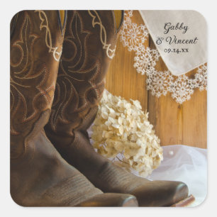 Cowboy Boots and Lace Country Barn Wedding Square Sticker