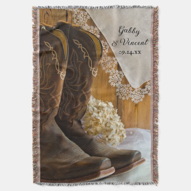 Cowboy Boots and Lace Country Western Wedding Throw Blanket (Front Vertical)
