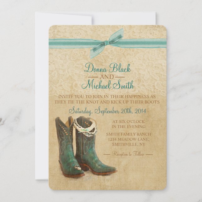 Cowboy Boots and Lace Wedding Invitation (Front)