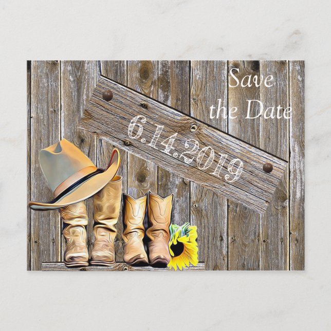 Cowboy Boots and Sunflowers Save the DateWedding Postcard (Front)