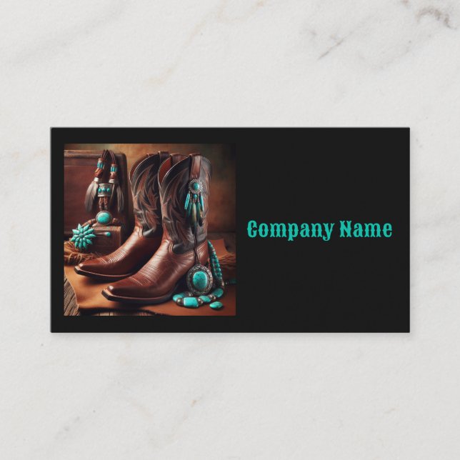 Cowboy Boots and Turquoise Jewellery (Black) Business Card (Front)
