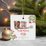 Cowboy Boots Baby's First Christmas Ceramic Ornament<br><div class="desc">Shoe themed baby's first Christmas theme featuring illustration of pair of grey baby booties with a pair of brown cowboy boots and a pair of pink cowgirl boots.</div>
