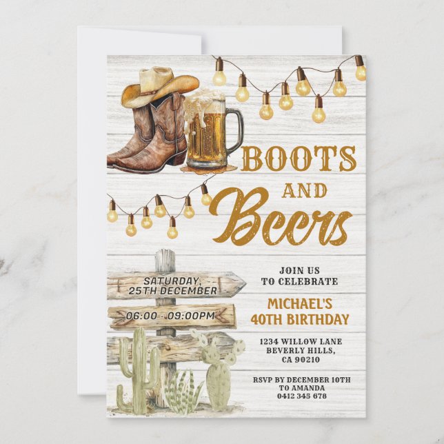 Cowboy Boots & Beers Adult Any Age Birthday Wood Invitation (Front)