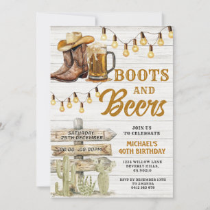 Cowboy Boots & Beers Adult Any Age Birthday Wood Invitation