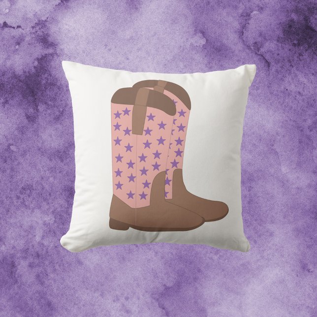 Cowboy Boots Brown Pink Purple Stars Cushion (A throw pillow with a cowboy boot motif done in pink and brown with purple stars.)