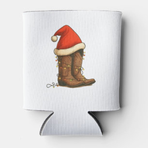 Cowboy Boots Christmas Western Santa Hat  Can Cooler