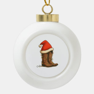Cowboy Boots Christmas Western Santa Hat Ceramic Ball Christmas Ornament