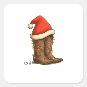 Cowboy Boots Christmas Western Santa Hat  Square Sticker