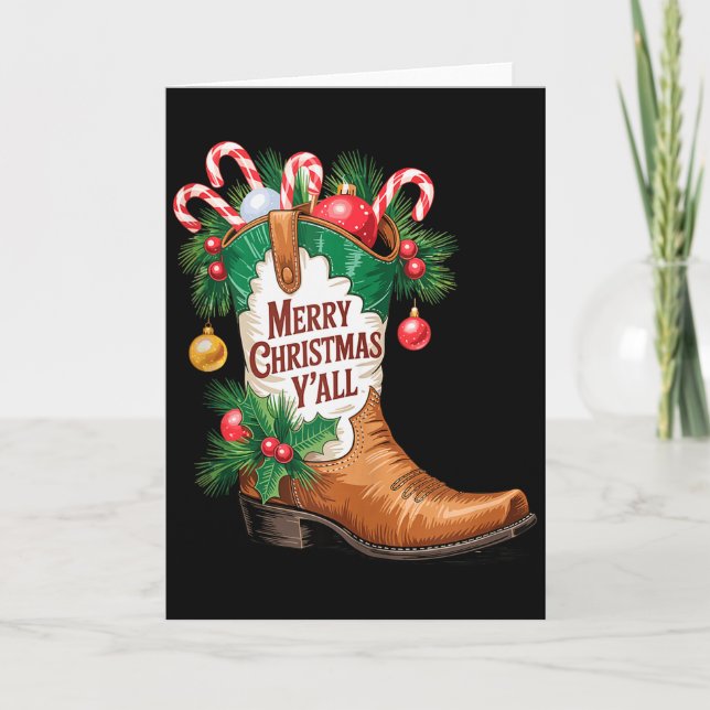 Cowboy Boots Country Western Merry Christmas Y'all Card (Front)