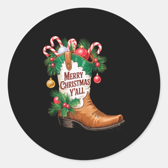 Cowboy Boots Country Western Merry Christmas Y'all Classic Round Sticker (Front)