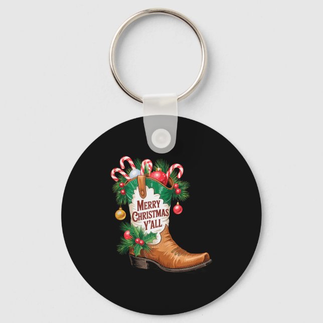 Cowboy Boots Country Western Merry Christmas Y'all Key Ring (Front)