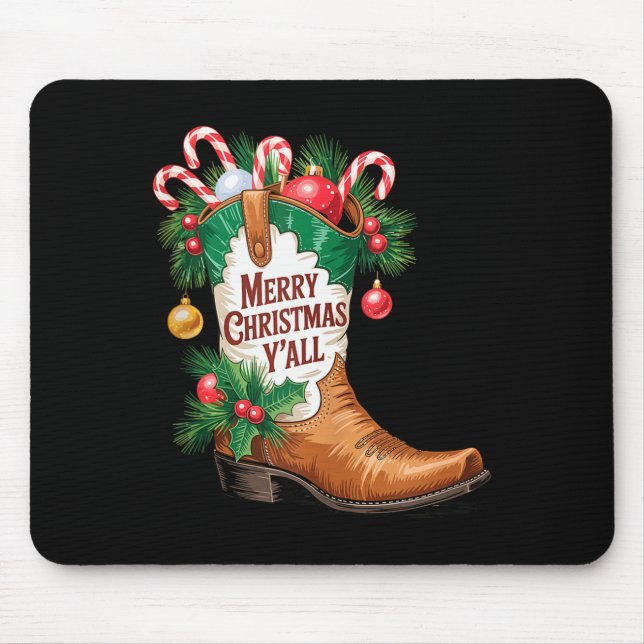 Cowboy Boots Country Western Merry Christmas Y'all Mouse Mat (Front)