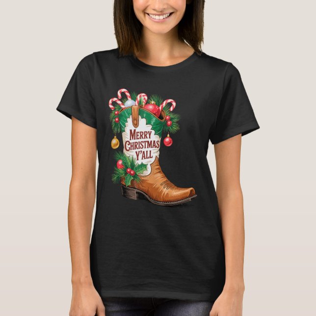 Cowboy Boots Country Western Merry Christmas Y'all T-Shirt (Front)