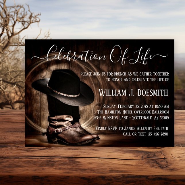 Cowboy Boots Cowboy Hat Funeral Memorial Service Invitation (Rustic cowboy memorial or funeral notice. )
