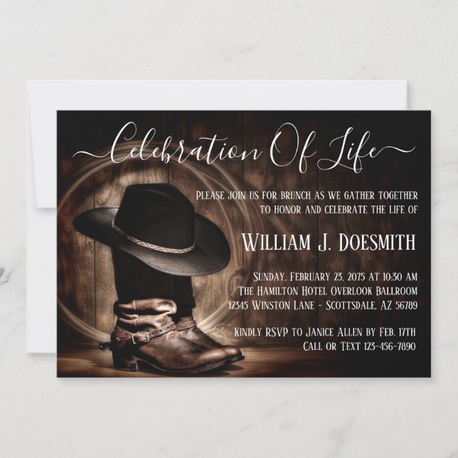 Cowboy Boots Cowboy Hat Funeral Memorial Service Invitation (Front)
