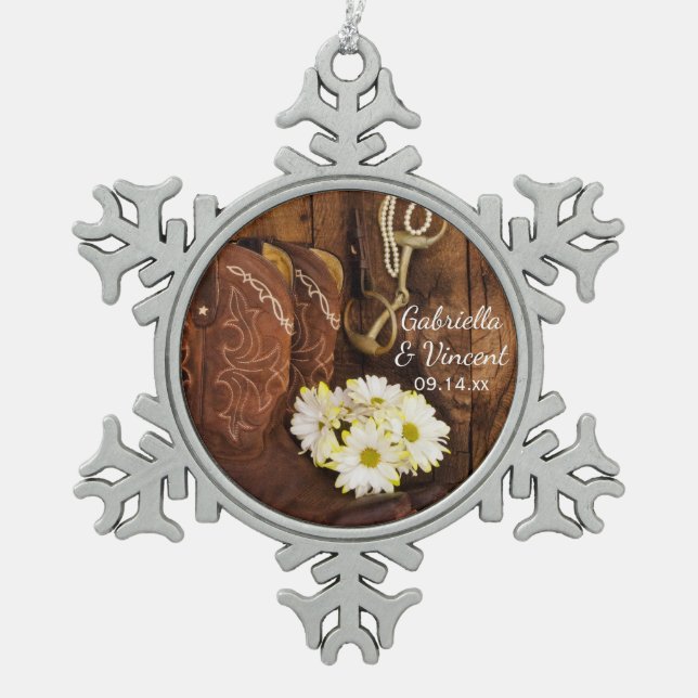 Cowboy Boots Daisies and Horse Bit Country Wedding Snowflake Pewter Christmas Ornament (Front)