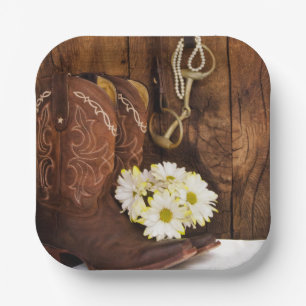 Cowboy Boots, Daisies and Horse Bit Ranch Wedding Paper Plate