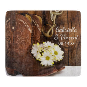 Cowboy Boots, Daisies and Horse Bit Wedding Cutting Board