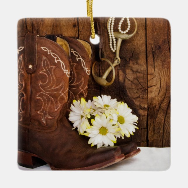Cowboy Boots, Daisies Horse Bit Country Wedding Ceramic Ornament (Front)